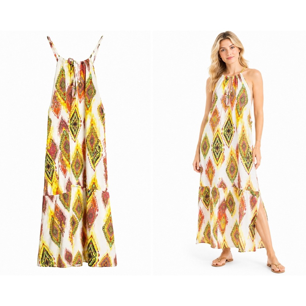 PilyQ Women XS White‎ Yellow Aztec Boho Maxi Dress Sleeveless Resort Beach